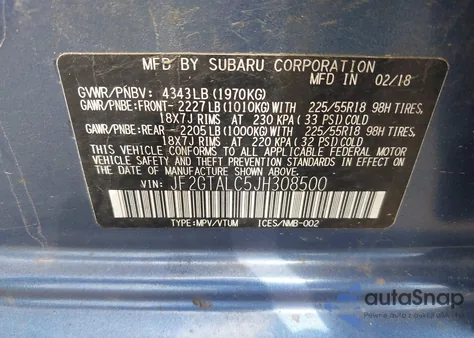 2018 Subaru Crosstrek 2.0I Limited z USA, uszkodzony, nr VIN JF2GTALC5JH308500